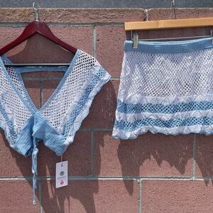 New Merokeety Blue and White Crochet Top and Beach Skirt Set Size Medium